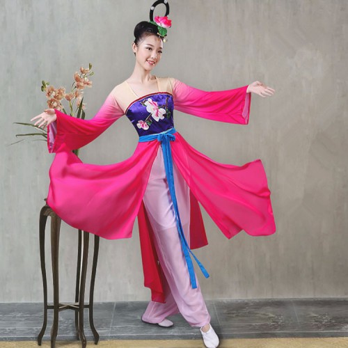 Women's chinese folk dance costumes pink gradient ancient traditional yangko fan dancing dresses fairy cosplay costumes